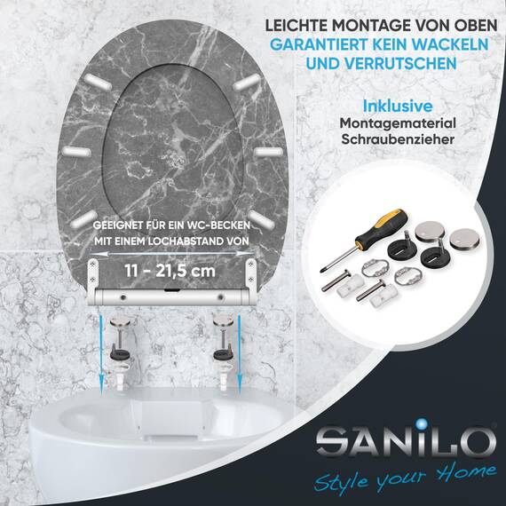Sanilo WC Sitz mit Absenkautomatik & Schnellverschluss, Toilettendeckel per Knopfdruck abnehmbar, einfache Montage von oben (Marmor Grau)