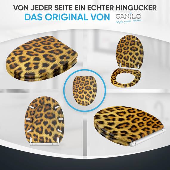 Sanilo WC Sitz mit Absenkautomatik & Schnellverschluss, Toilettendeckel per Knopfdruck abnehmbar, einfache Montage von oben (Leopardenfell)