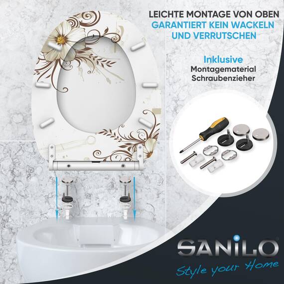 Sanilo WC Sitz mit Absenkautomatik & Schnellverschluss, Toilettendeckel per Knopfdruck abnehmbar, einfache Montage von oben (Flower)