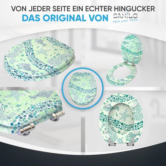 Sanilo WC Sitz mit Absenkautomatik, hochwertiger Toilettendeckel, einfache Montage, stabile Scharniere, (Mosaic World Green)