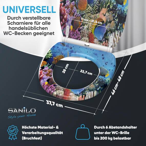 Sanilo WC Sitz mit Absenkautomatik & Schnellverschluss, Toilettendeckel per Knopfdruck abnehmbar, einfache Montage von oben (Ocean)