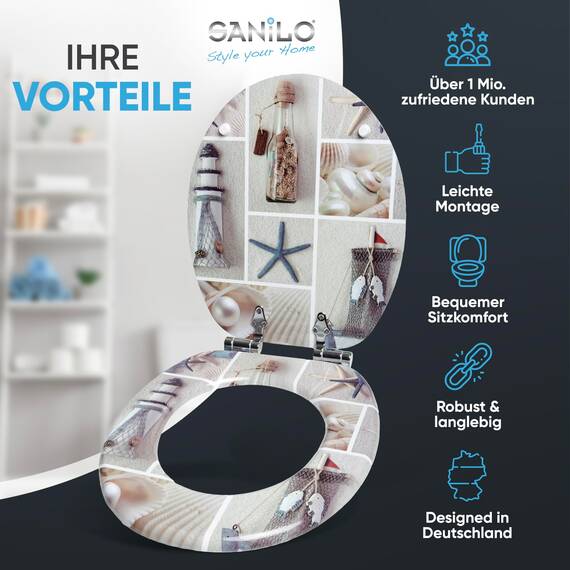 Sanilo WC-Sitz mit Absenkautomatik I Hochwertiger Toilettensitz aus Holz I Toilettendeckel in verschiedenen Motiven (Meeresbrise)