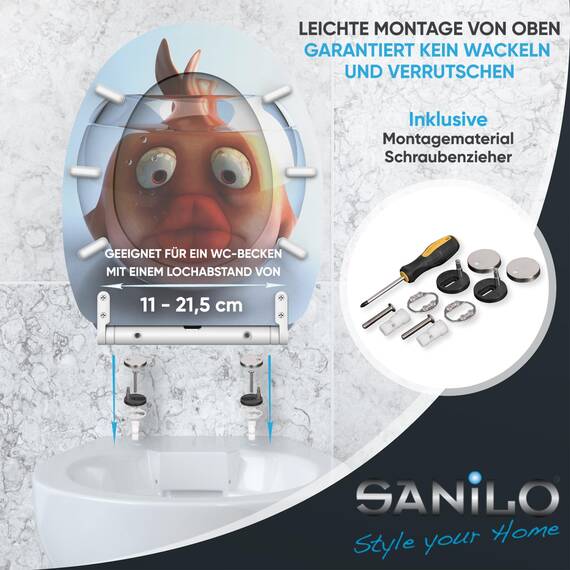 Sanilo WC Sitz mit Absenkautomatik & Schnellverschluss, Toilettendeckel per Knopfdruck abnehmbar, einfache Montage von oben (Goldfisch)