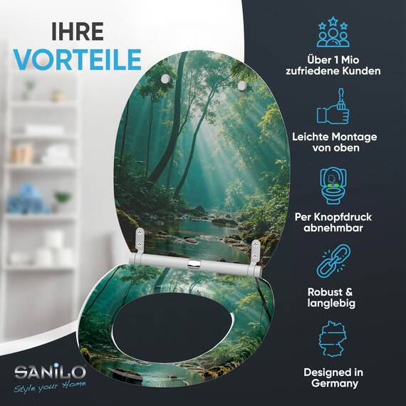Sanilo WC Sitz mit Absenkautomatik & Schnellverschluss, Toilettendeckel per Knopfdruck abnehmbar, einfache Montage von oben (Rainforest)