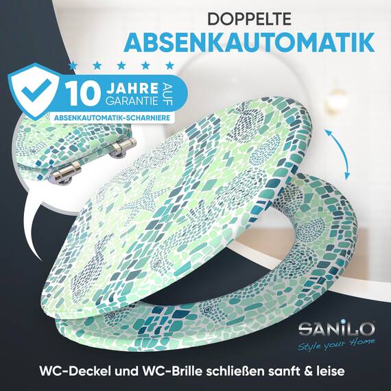 Sanilo WC Sitz mit Absenkautomatik, hochwertiger Toilettendeckel, einfache Montage, stabile Scharniere, (Mosaic World Green)