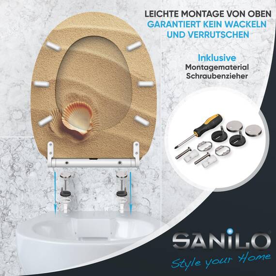 Sanilo WC Sitz mit Absenkautomatik & Schnellverschluss, Toilettendeckel per Knopfdruck abnehmbar, einfache Montage von oben (Clam)