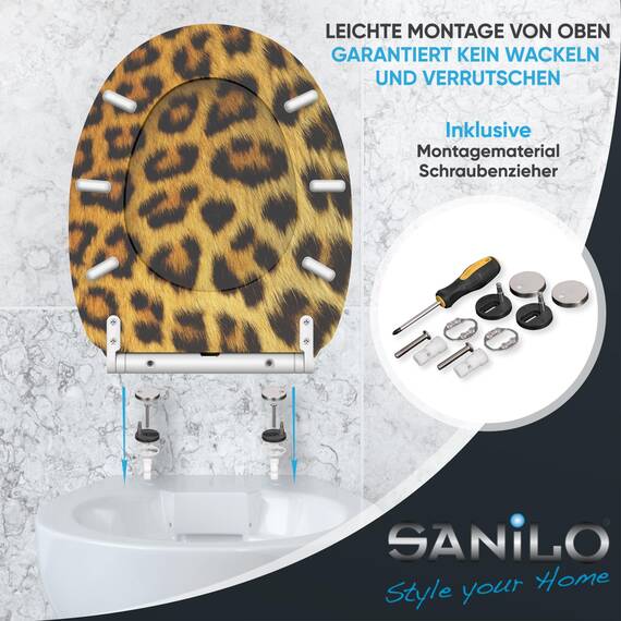 Sanilo WC Sitz mit Absenkautomatik & Schnellverschluss, Toilettendeckel per Knopfdruck abnehmbar, einfache Montage von oben (Leopardenfell)