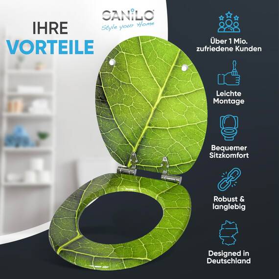 Sanilo WC Sitz mit Absenkautomatik, viele schöne Toilettendeckel zur Auswahl, hochwertige und stabile Qualität aus Holz (Blatt)