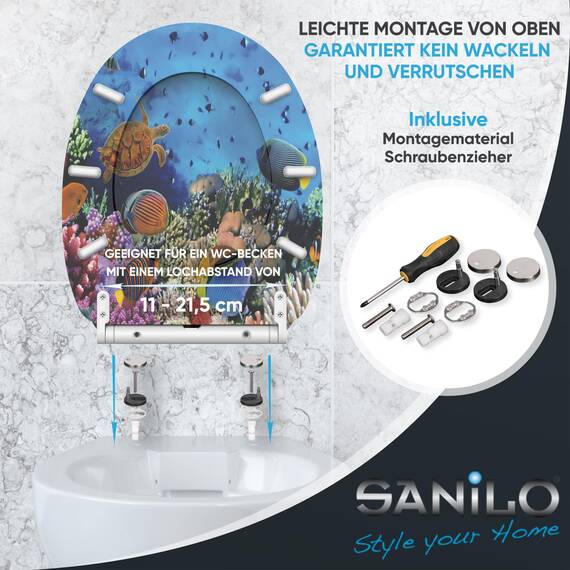 Sanilo WC Sitz mit Absenkautomatik & Schnellverschluss, Toilettendeckel per Knopfdruck abnehmbar, einfache Montage von oben (Ocean)