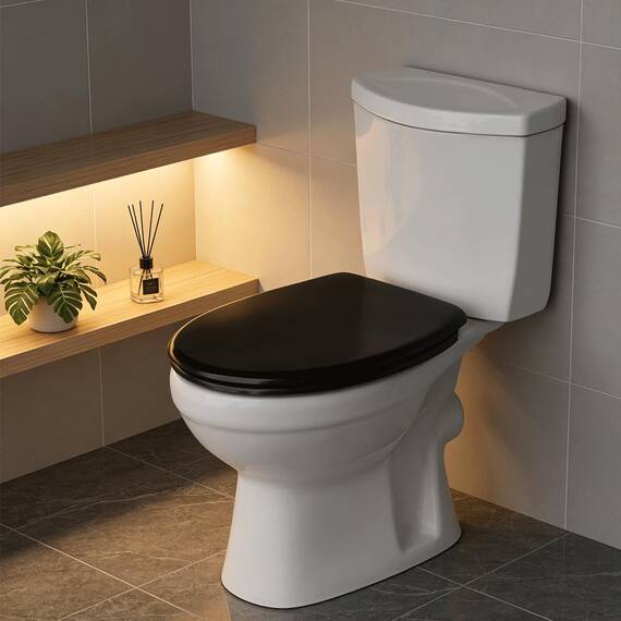 SINOBATH WC-Sitz Schwarz Matt mit Absenkautomatik, Klodeckel O-Form aus stabilem MDF, Toilettendeckel mit Edelstahlscharnieren, Soft-Close & Geräuschlos（Black）