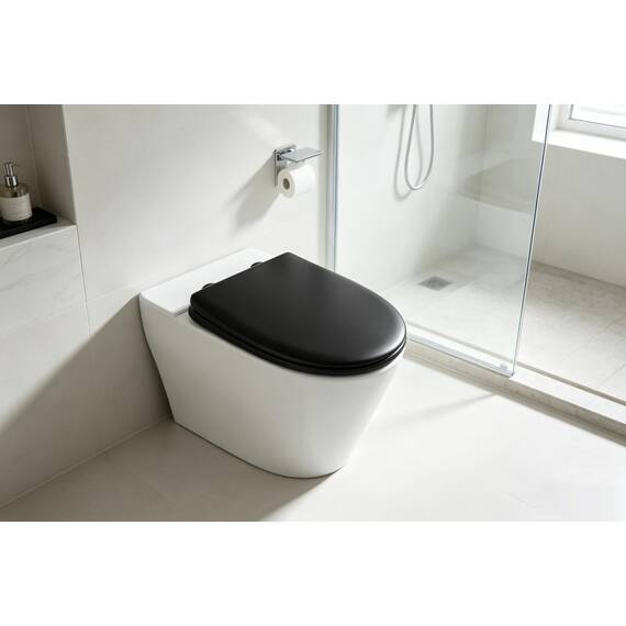 die Erdbeere Premium WC-Sitz aus MDF mit Geräuscharmer Absenkautomatik & Edler Holzoptik, Universell, Robust & Langlebig, Schwarz