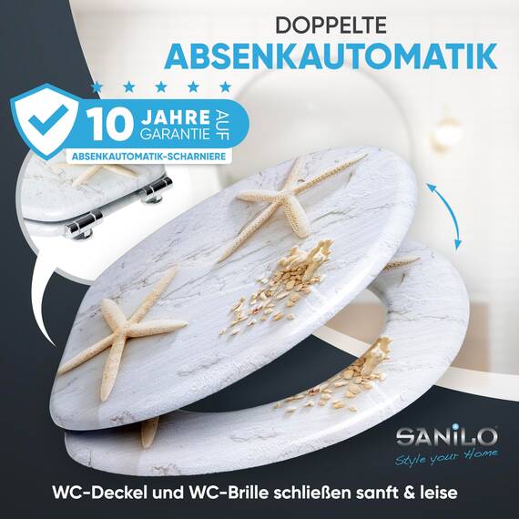 Sanilo WC-Sitz mit Absenkautomatik I Hochwertiger Toilettensitz aus Holz I Toilettendeckel in verschiedenen Motiven (Seestern Grau)