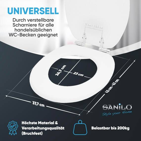 Sanilo WC-Sitz mit Absenkautomatik I Hochwertiger Toilettensitz aus Holz I Toilettendeckel in verschiedenen Motiven (Weiß)