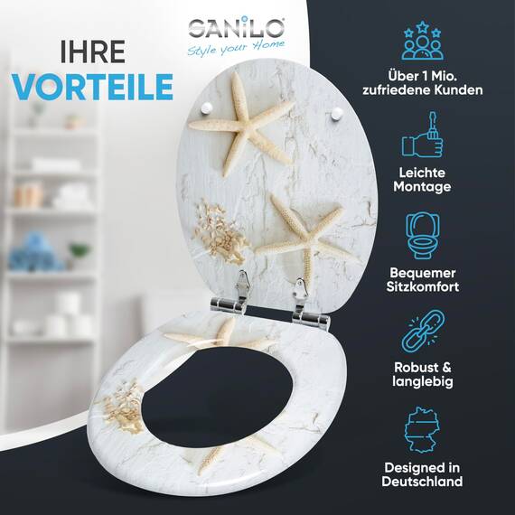 Sanilo WC-Sitz mit Absenkautomatik I Hochwertiger Toilettensitz aus Holz I Toilettendeckel in verschiedenen Motiven (Seestern Grau)