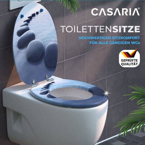 CASARIA® Toilettendeckel mit doppelter Absenkautomatik MDF rostfreie Metall Scharniere WC Sitz 175kg Belastbar Antibakteriell Toilettensitz Steine