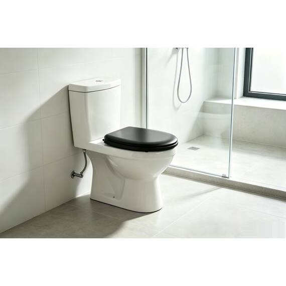 Premium WC-Sitz aus MDF | Mit Geräuscharmer Absenkautomatik & Edler Holzoptik | Universell, Robust & Langlebig | Markenqualität von die Erdbeere（Black）