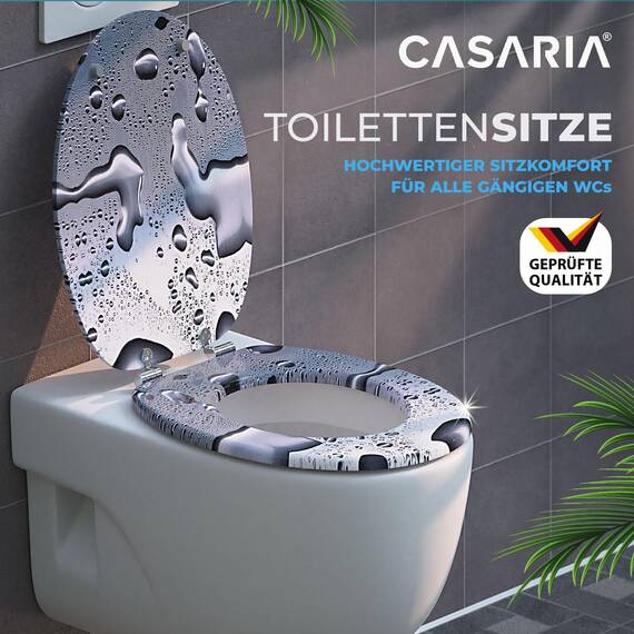 CASARIA® Toilettendeckel mit doppelter Absenkautomatik MDF rostfreie Metall Scharniere WC Sitz 175kg Belastbar Antibakteriell Toilettensitz Waterdrops