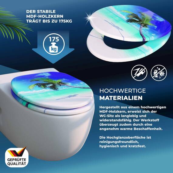CASARIA® Toilettendeckel mit doppelter Absenkautomatik MDF rostfreie Metall Scharniere WC Sitz 175kg Belastbar Antibakteriell Toilettensitz Strand