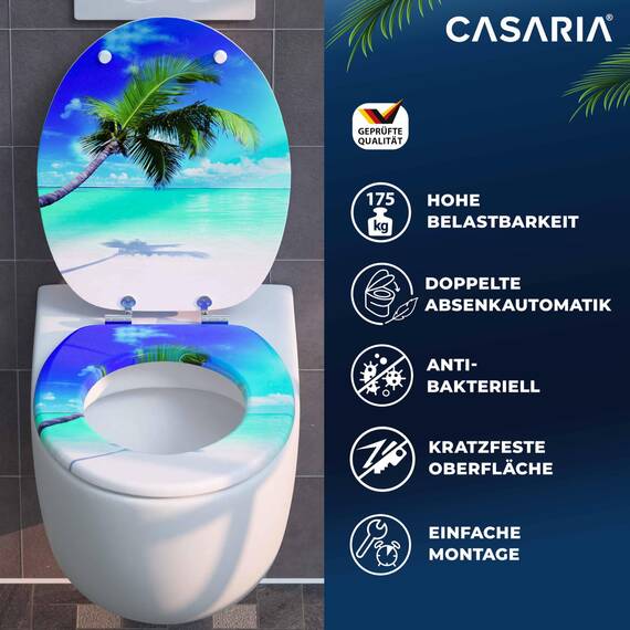 CASARIA® Toilettendeckel mit doppelter Absenkautomatik MDF rostfreie Metall Scharniere WC Sitz 175kg Belastbar Antibakteriell Toilettensitz Strand