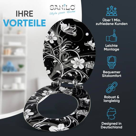 Sanilo WC Sitz mit Absenkautomatik, viele schöne Toilettendeckel zur Auswahl, hochwertige und stabile Qualität aus Holz (White Flower)