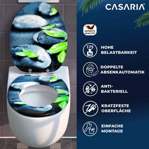 CASARIA® Toilettendeckel mit doppelter Absenkautomatik MDF rostfreie Metall Scharniere WC Sitz 175kg Belastbar Antibakteriell Toilettensitz Laub/Stein