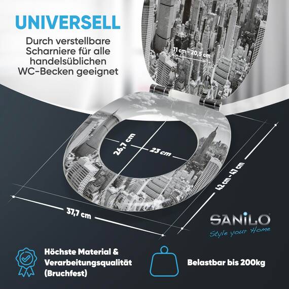 Sanilo WC-Sitz mit Absenkautomatik I Hochwertiger Toilettensitz aus Holz I Toilettendeckel in verschiedenen Motiven (Skyline New York)