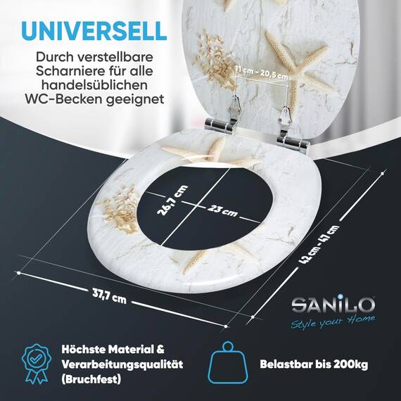 Sanilo WC-Sitz mit Absenkautomatik I Hochwertiger Toilettensitz aus Holz I Toilettendeckel in verschiedenen Motiven (Seestern Grau)