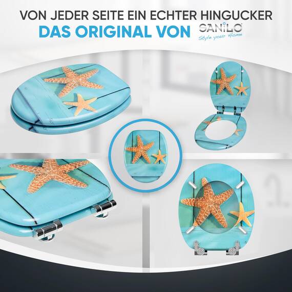Sanilo WC-Sitz mit Absenkautomatik I Hochwertiger Toilettensitz aus Holz I Toilettendeckel in verschiedenen Motiven (Starfish)