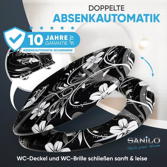 Sanilo WC Sitz mit Absenkautomatik, viele schöne Toilettendeckel zur Auswahl, hochwertige und stabile Qualität aus Holz (White Flower)