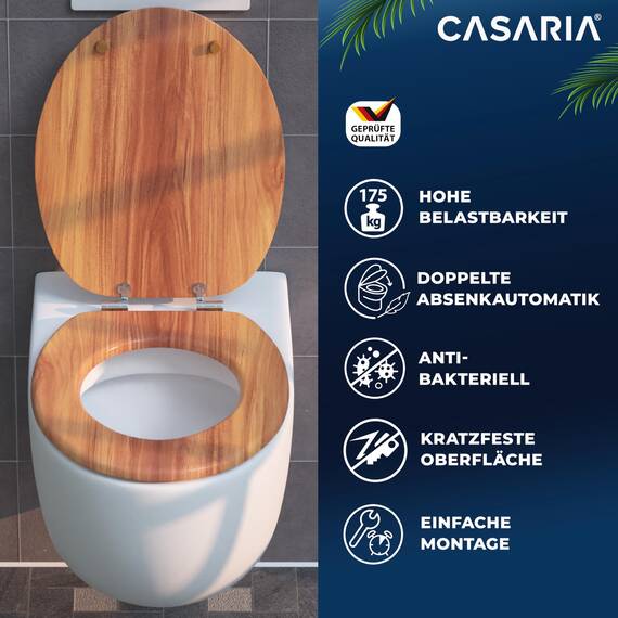 CASARIA® Toilettendeckel mit doppelter Absenkautomatik MDF rostfreie Metall Scharniere WC Sitz 175kg Belastbar Antibakteriell Toilettensitz Holz
