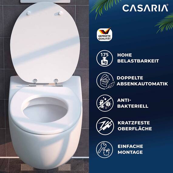CASARIA® WC Sitz Doppelte Absenkautomatik MDF Holzkern hygienisch Rostfreie Scharniere 175kg Bad Toilettendeckel Toilettensitz Klodeckel Weiß