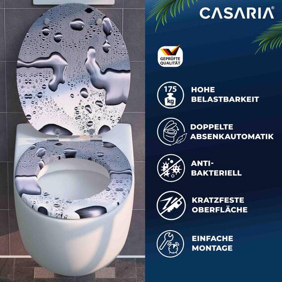 CASARIA® Toilettendeckel mit doppelter Absenkautomatik MDF rostfreie Metall Scharniere WC Sitz 175kg Belastbar Antibakteriell Toilettensitz Waterdrops