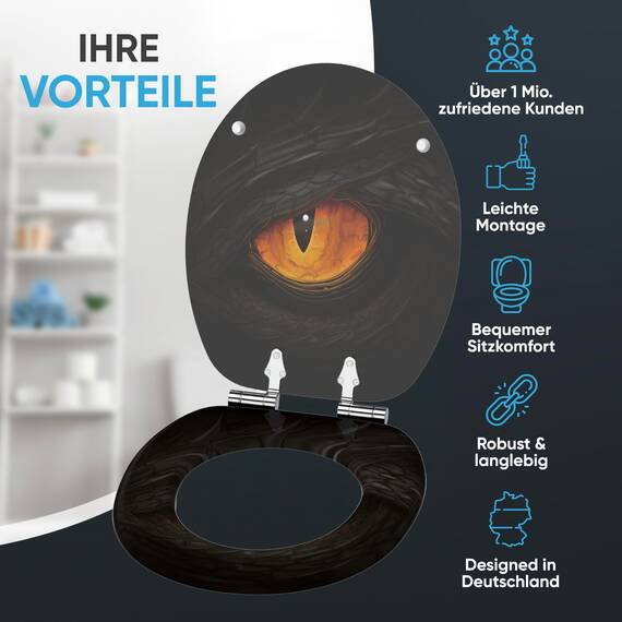 Sanilo WC Sitz mit Absenkautomatik, viele neue Toilettendeckel zur Auswahl, hochwertige Oberfläche, einfache Montage, stabile Scharniere (Black Eye)