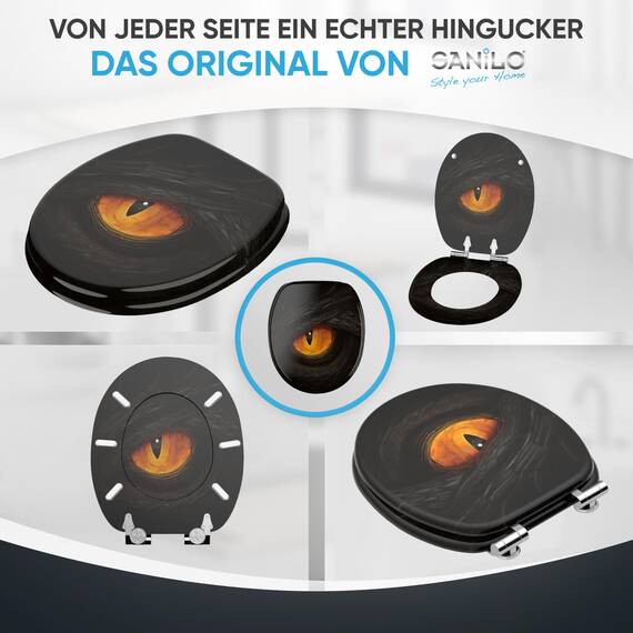 Sanilo WC Sitz mit Absenkautomatik, viele neue Toilettendeckel zur Auswahl, hochwertige Oberfläche, einfache Montage, stabile Scharniere (Black Eye)
