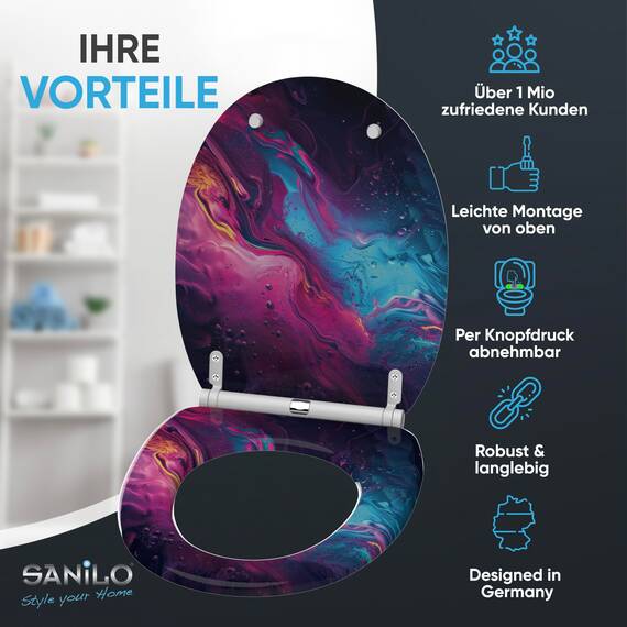 Sanilo WC Sitz mit Absenkautomatik & Schnellverschluss, Toilettendeckel per Knopfdruck abnehmbar, einfache Montage von oben (Lumen)