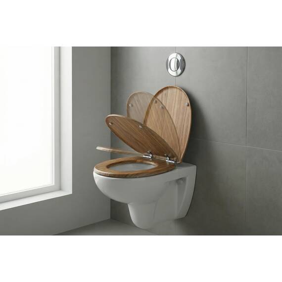 SINOBATH WC-Sitz mit Absenkautomatik, O-Form aus Stabilem MDF, Toilettendeckel mit Edelstahlscharnieren, Soft-Close & Geräuschlos, Holz-Optik