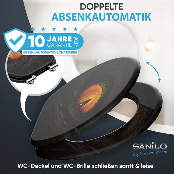 Sanilo WC Sitz mit Absenkautomatik, viele neue Toilettendeckel zur Auswahl, hochwertige Oberfläche, einfache Montage, stabile Scharniere (Black Eye)