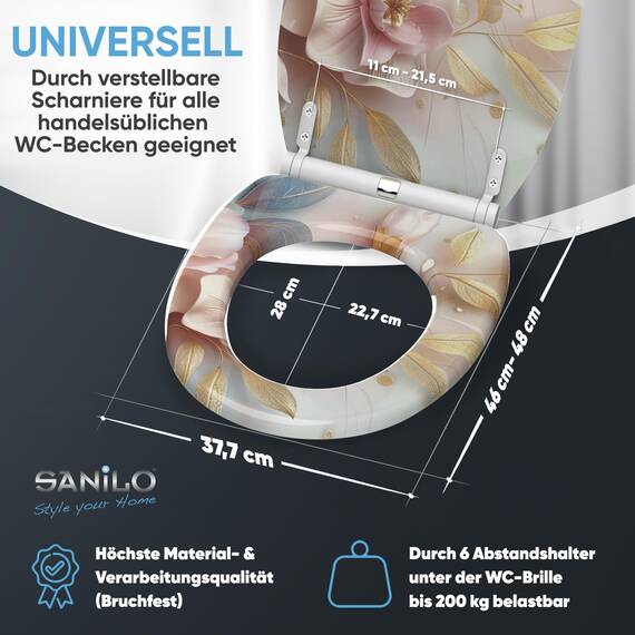Sanilo WC Sitz mit Absenkautomatik & Schnellverschluss, Toilettendeckel per Knopfdruck abnehmbar, einfache Montage von oben (Florentia)