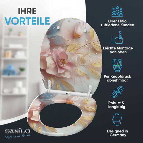 Sanilo WC Sitz mit Absenkautomatik & Schnellverschluss, Toilettendeckel per Knopfdruck abnehmbar, einfache Montage von oben (Florentia)