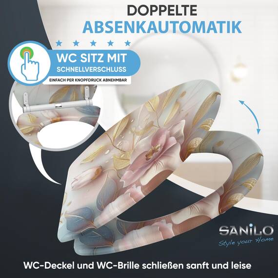 Sanilo WC Sitz mit Absenkautomatik & Schnellverschluss, Toilettendeckel per Knopfdruck abnehmbar, einfache Montage von oben (Florentia)