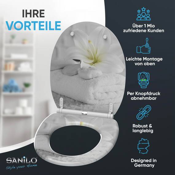 Sanilo WC Sitz mit Absenkautomatik & Schnellverschluss, Toilettendeckel per Knopfdruck abnehmbar, einfache Montage von oben (Good Feeling)
