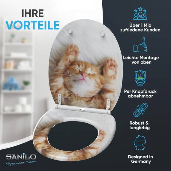 Sanilo WC Sitz mit Absenkautomatik & Schnellverschluss, Toilettendeckel per Knopfdruck abnehmbar, einfache Montage von oben (Lilly)
