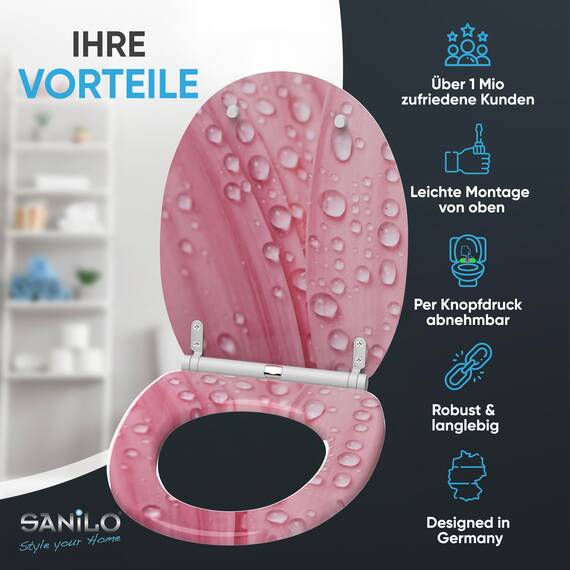 Sanilo WC Sitz mit Absenkautomatik & Schnellverschluss, Toilettendeckel per Knopfdruck abnehmbar, einfache Montage von oben (Pink Flower)