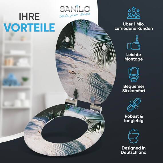 Sanilo WC Sitz mit Absenkautomatik, viele neue Toilettendeckel zur Auswahl, hochwertige Oberfläche, einfache Montage, stabile Scharniere (Beach)