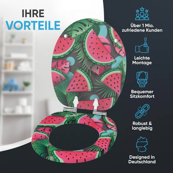 Sanilo WC Sitz mit Absenkautomatik, viele neue Toilettendeckel zur Auswahl, hochwertige Oberfläche, einfache Montage, stabile Scharniere (Melone)