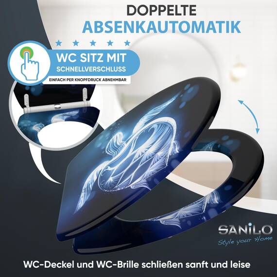 Sanilo WC Sitz mit Absenkautomatik & Schnellverschluss, Toilettendeckel per Knopfdruck abnehmbar, einfache Montage von oben (Glow Turtle)
