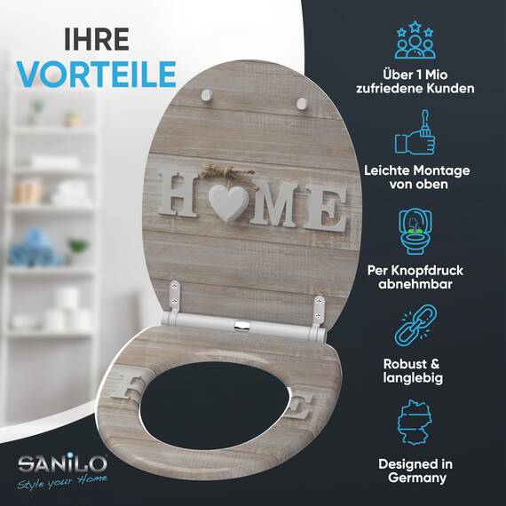 Sanilo WC Sitz mit Absenkautomatik & Schnellverschluss, Toilettendeckel per Knopfdruck abnehmbar, einfache Montage von oben (Home)