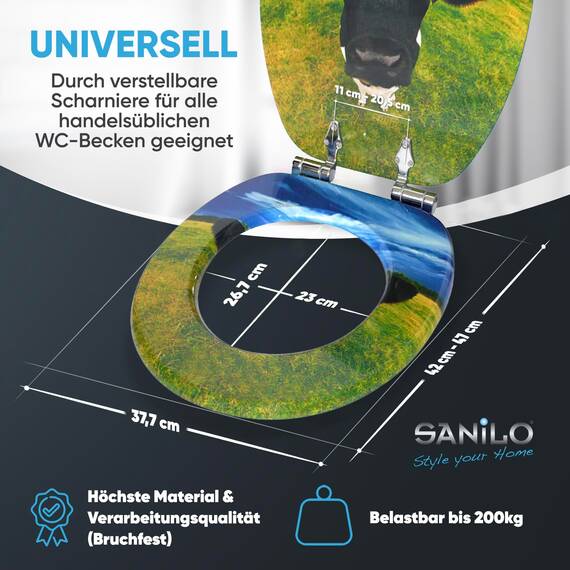 Sanilo WC Sitz mit Absenkautomatik, viele neue Toilettendeckel zur Auswahl, hochwertige Oberfläche, einfache Montage, stabile Scharniere (Kuhkopf)