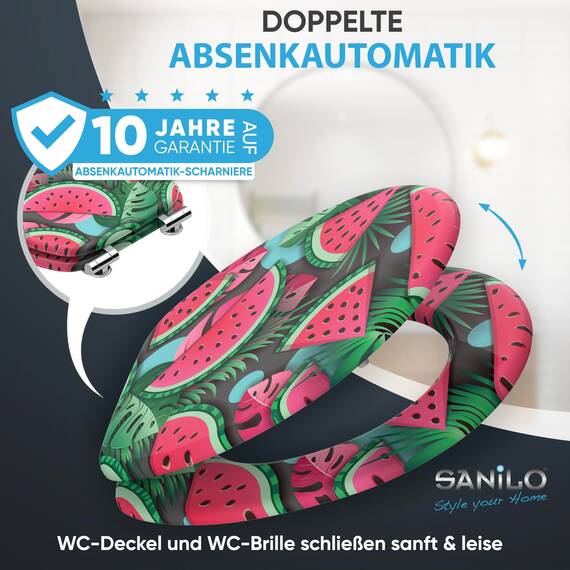 Sanilo WC Sitz mit Absenkautomatik, viele neue Toilettendeckel zur Auswahl, hochwertige Oberfläche, einfache Montage, stabile Scharniere (Melone)