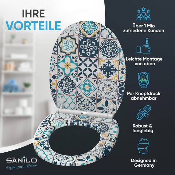 Sanilo WC Sitz mit Absenkautomatik & Schnellverschluss, Toilettendeckel per Knopfdruck abnehmbar, einfache Montage von oben (Palazzo)